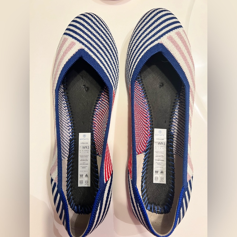 Rothy’s - rare ballet flat. Royal blue, white, pink and red stripes. Size 9.5